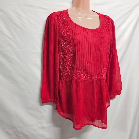 Maeve Anthropologie Embellished Top Blouse Women Size 12 Red Lined Chiffon - Picture 11 of 13